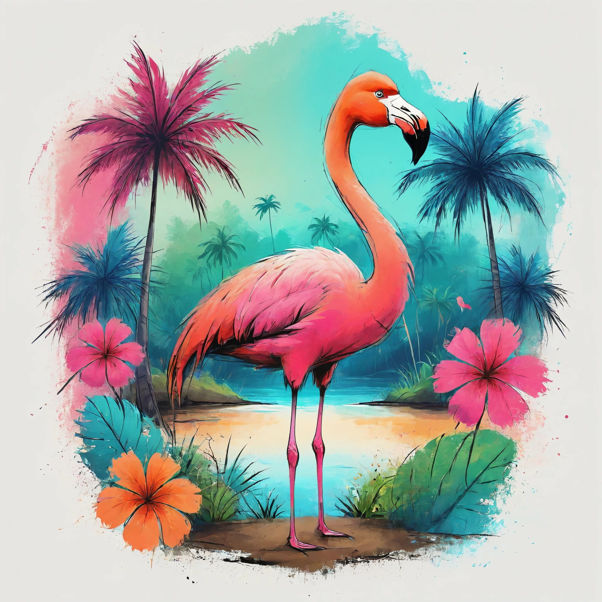 Vector Art, Colorful illustration with flamingo, In the center, Vibrant colors，Tropical rainforest background