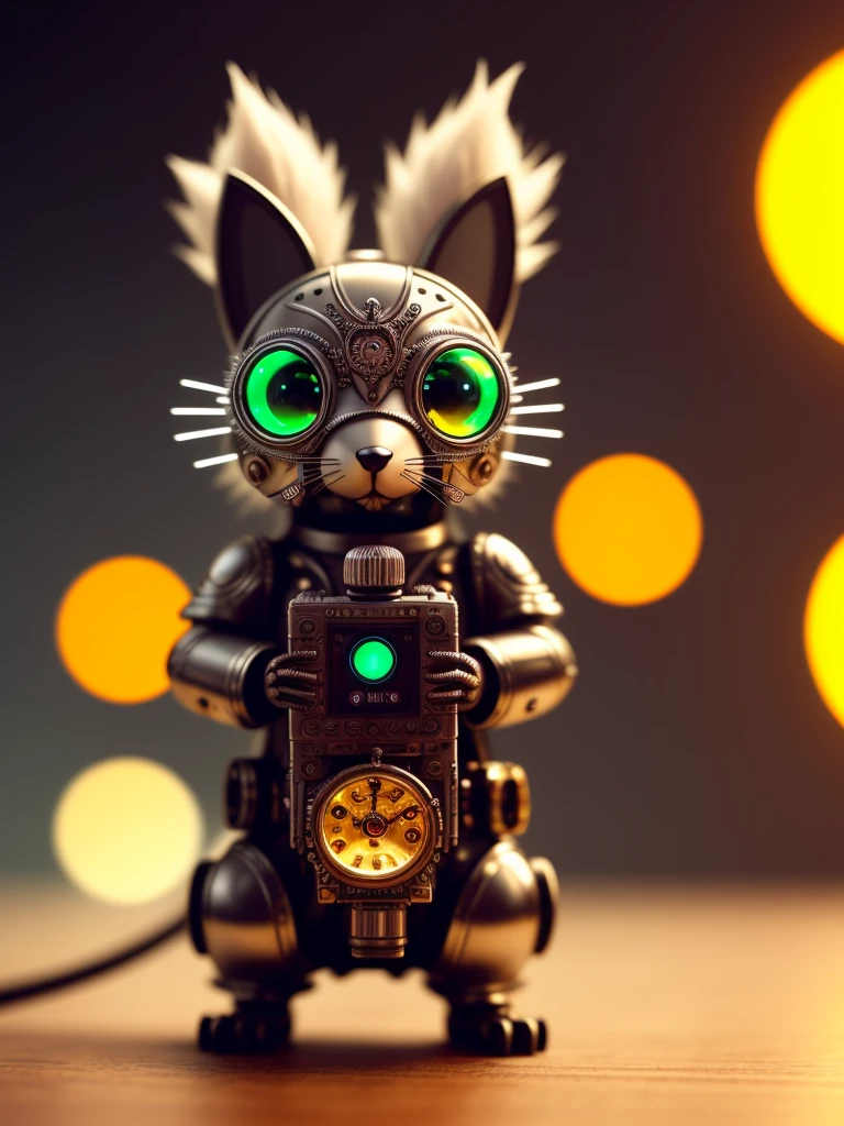 Cute fluffy silver squirrel, cyborg, Cyberpunk Style, clockwork, ((Intricate details)), Hmph, Big eyes, ((Intricate details, Hyper Detail)), Vacuum tube or electron tube, Cinematic shots, Vignette, Bokeh effect background,Centrally located