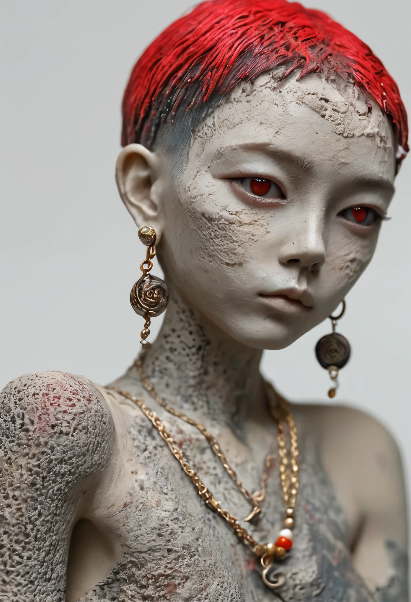 (best quality:1.2),ultra-light clay, clay, pottery, rough knitted texture, distressed, dirty, mineral pigments, 3D clay sculpture art, clay sculpture, rough surface, (1boy, earrings, jewelry, male focus, piercing, red eyes, sandals, solo, tattoo)
