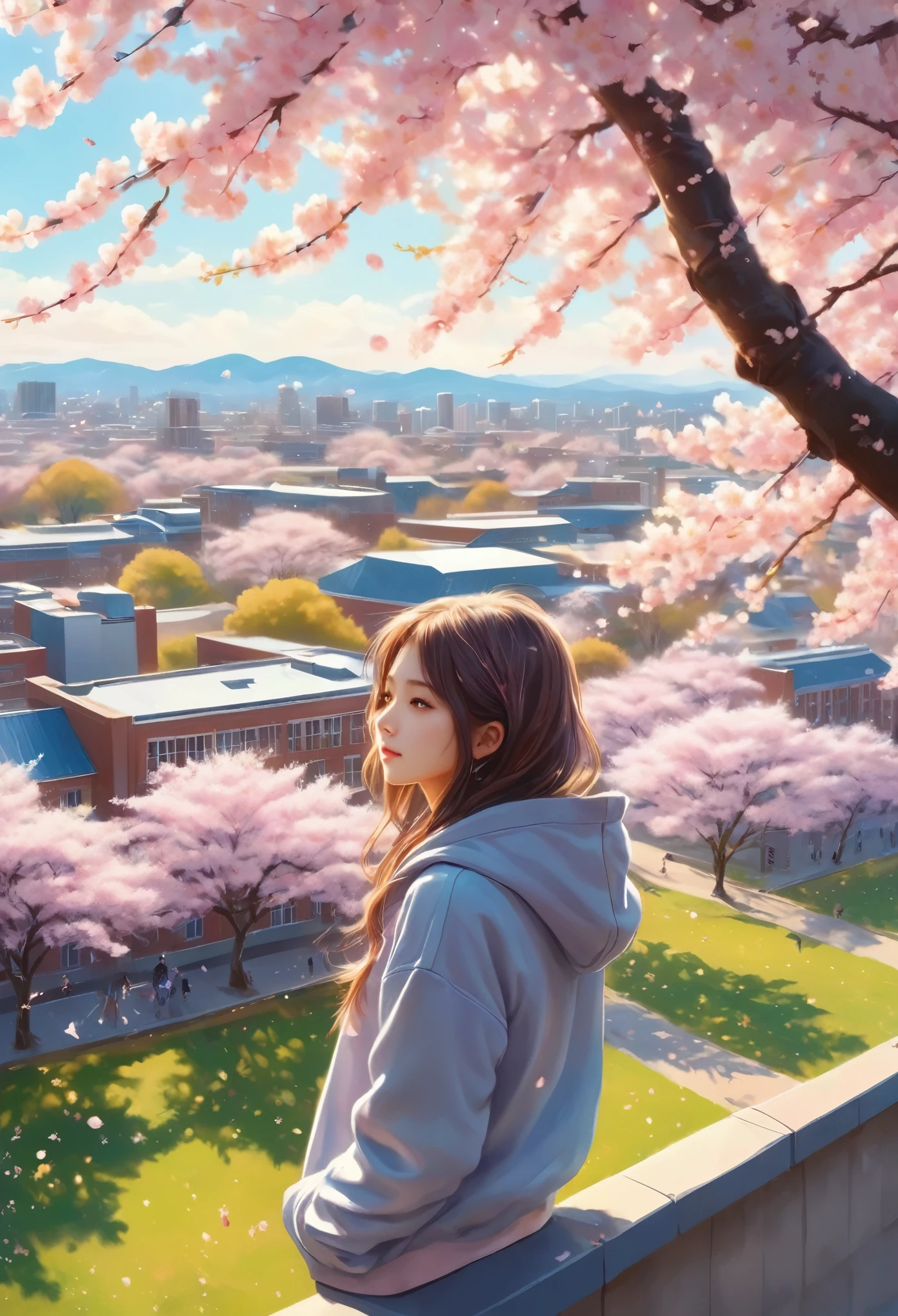 High school girl standing on the roof,Looking down on the schoolyard from the roof of a high school building,A male high school student wearing a hoodie standing on the roof,Cherry blossoms blooming in the schoolyard,blurred background,A sentimental and fantasy scene befitting a graduation.,spring,Cherry tree in full bloom,Scattering cherry blossom petals,today、My favorite senior is graduating,farewell,sadness,dream-like,Fantasy,Intricate details,Color illustrations,Zentangle Elements,rendering,colorful,Cast a colorful spell,Wide range of colors,Intricate details,rendering,,masterpiece,best masterpiece,highest quality,Beautiful light and shadow,