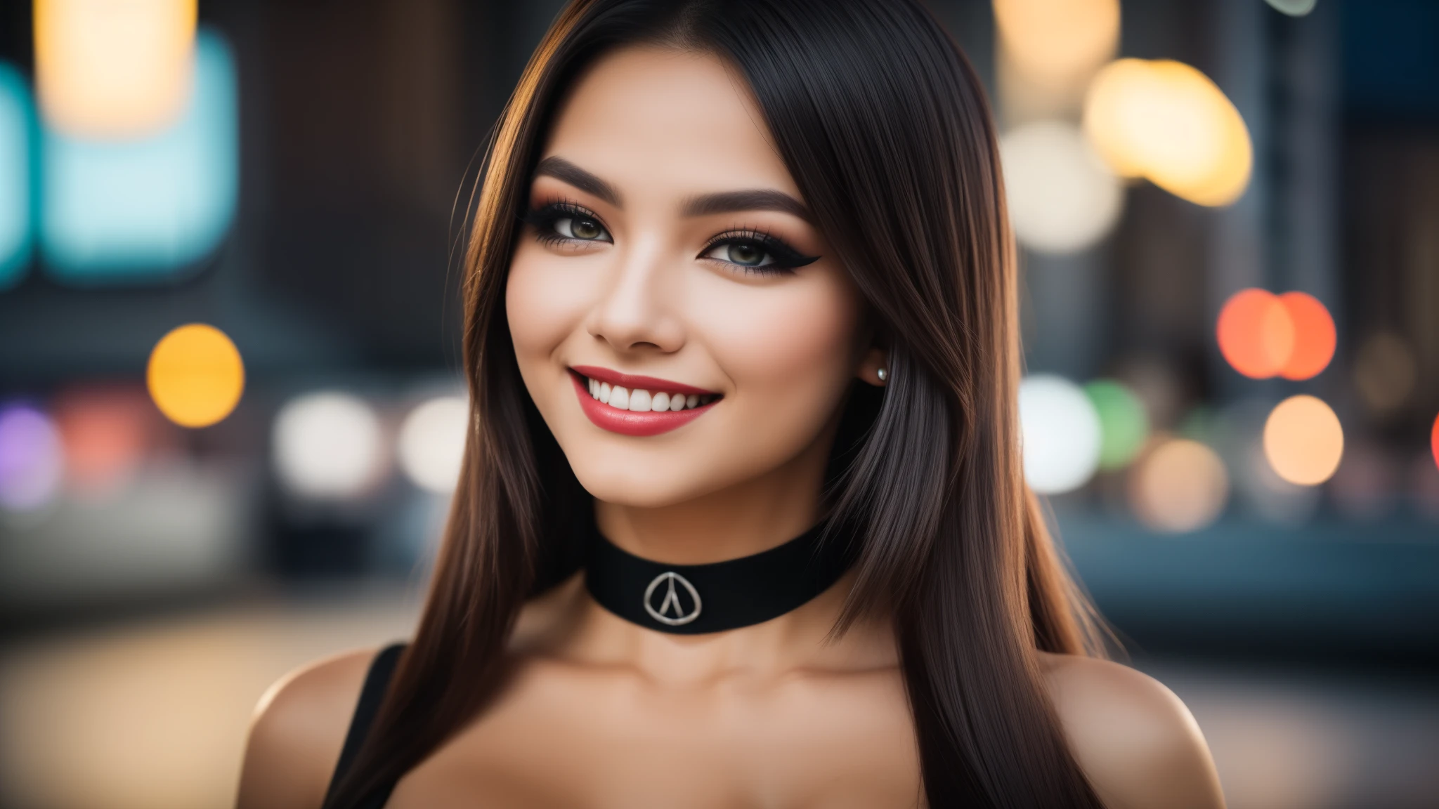 tmasterpiece,best qualtiy,hdr, hyper HD, 8K,Bokeh,Ultra-fine painting,Sharp focus,Physically-based rendering,Extreme detail description,half-body photo, 2 women, 18 years old, (big breasts:1.3), (smile:0.95), choker, (black eyeshadow:1.1), (red lips:0.90), looking at viewer, (EOS R8, 50 millimeters, F1.2, 8K, RAW photo:1.2)