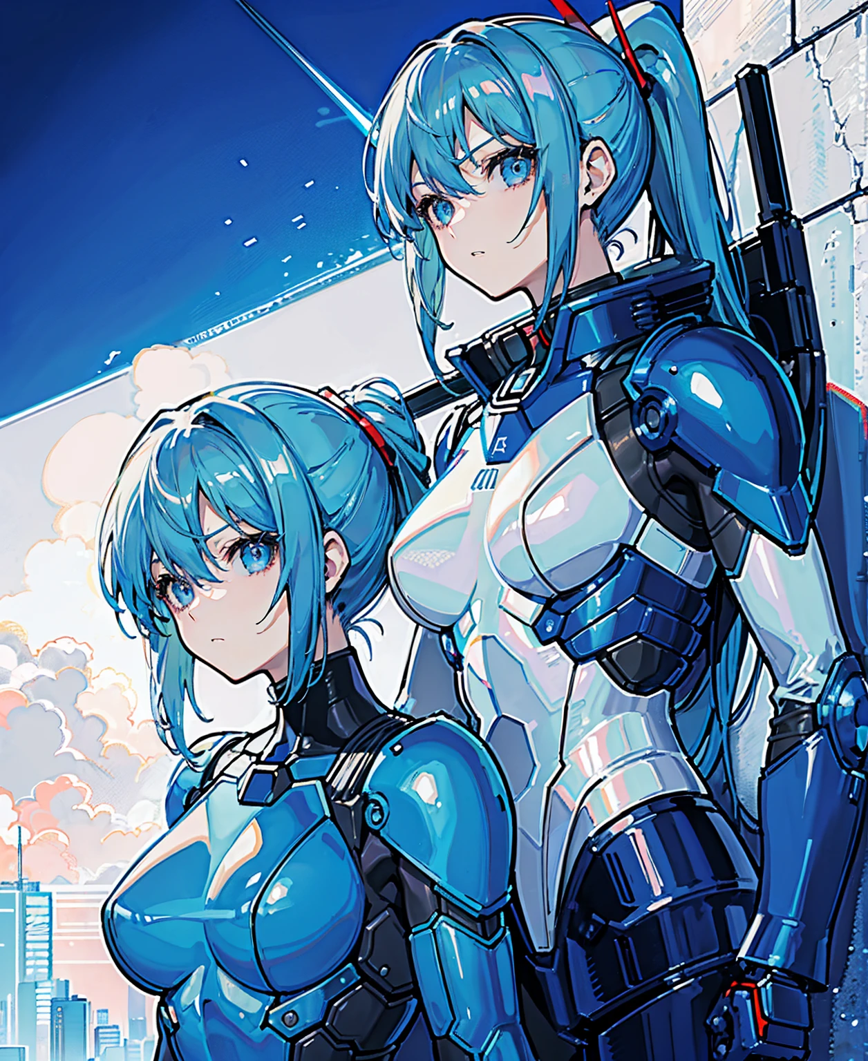 Blue Hair、Masterpiece、Best Quality、1 girl、Medium breast、((Album cover))、Light on Face、Slim Body、Blue Costume、Exoskeleton、metal Gear、Cyberpunk Style、ponytail、The Gundam pilot、attention arousal,Ride a fighter