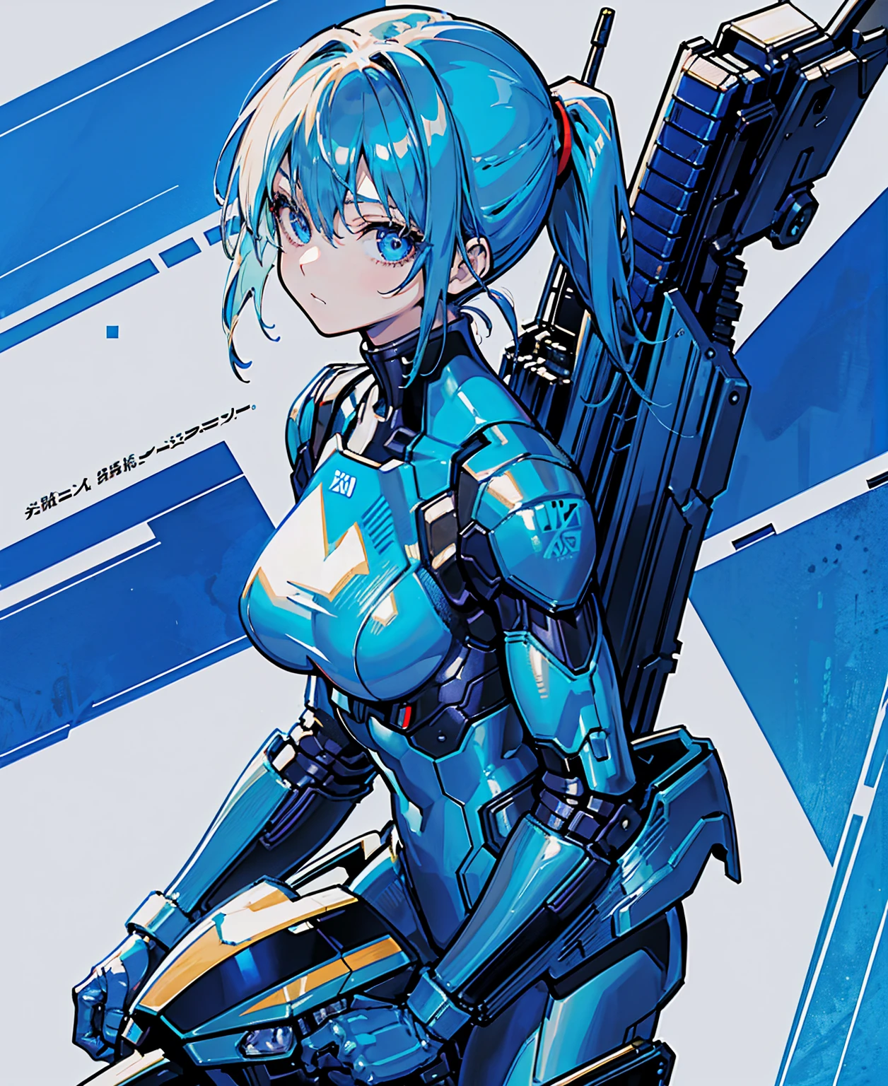 Blue Hair、Masterpiece、Best Quality、1 girl、Medium breast、((Album cover))、Light on Face、Slim Body、Blue Costume、Exoskeleton、metal Gear、Cyberpunk Style、ponytail、The Gundam pilot、attention arousal,Ride a fighter