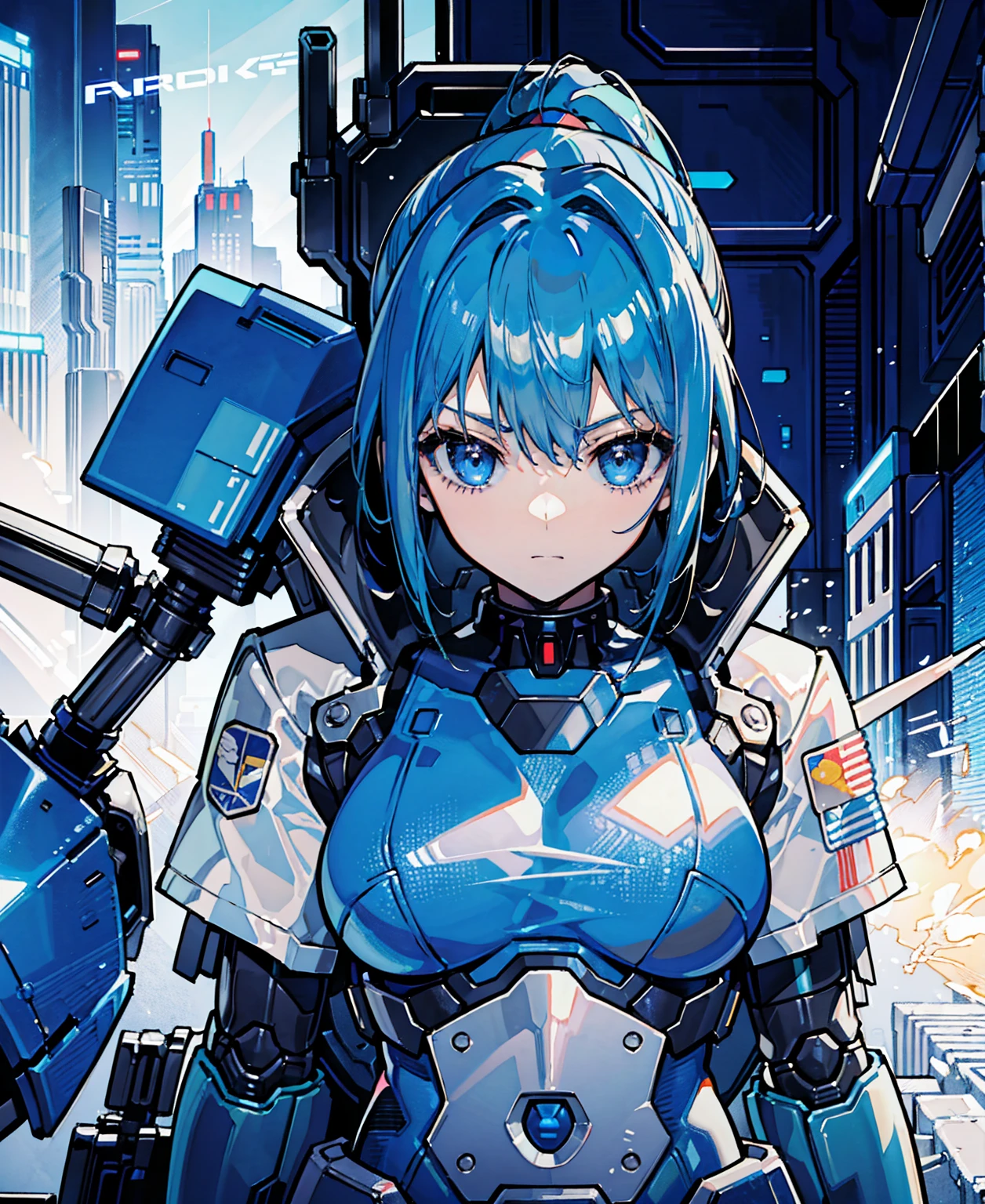 Blue Hair、Masterpiece、Best Quality、1 girl、Medium breast、((Album cover))、Light on Face、Slim Body、Blue Costume、Exoskeleton、metal Gear、Cyberpunk Style、ponytail、The Gundam pilot、attention arousal，Ride a fighter