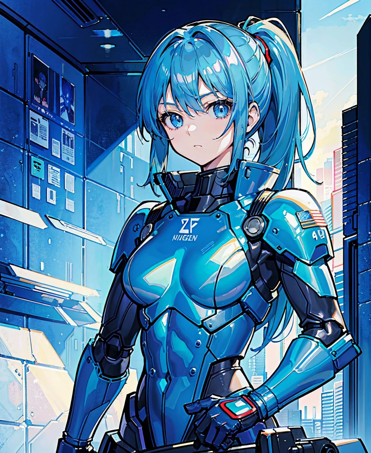 Blue Hair、Masterpiece、Best Quality、1 girl、Medium breast、((Album cover))、Light on Face、Slim Body、Blue Costume、Exoskeleton、metal Gear、Cyberpunk Style、ponytail、The Gundam pilot、attention arousal,Ride a fighter