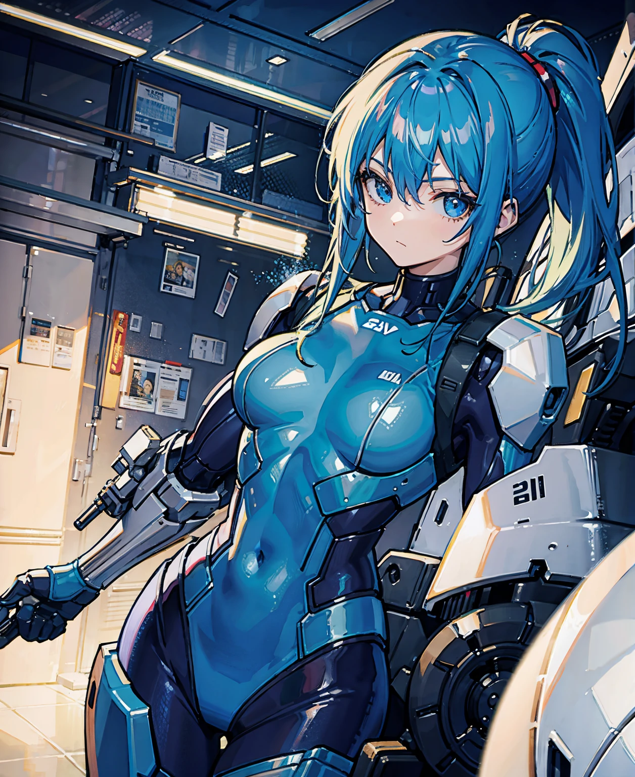 Blue Hair、Masterpiece、Best Quality、1 girl、Medium breast、((Album cover))、Light on Face、Slim Body、Blue Costume、Exoskeleton、metal Gear、Cyberpunk Style、ponytail、The Gundam pilot、attention arousal，Ride a fighter