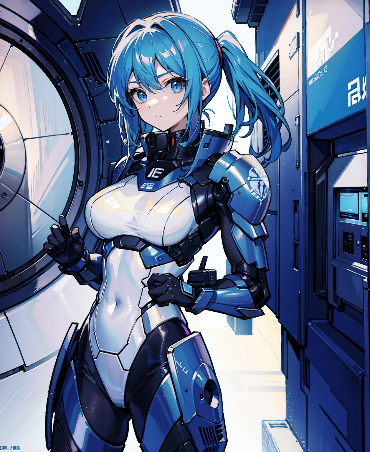 ((Holographic glow effect)),Blue Hair、Masterpiece、Best Quality、1 girl、Medium breast、((Album cover))、Light on Face、Slim Body、Blue Costume、Exoskeleton、metal Gear、Cyberpunk Style、ponytail、The Gundam pilot、attention arousal，Ride a fighter