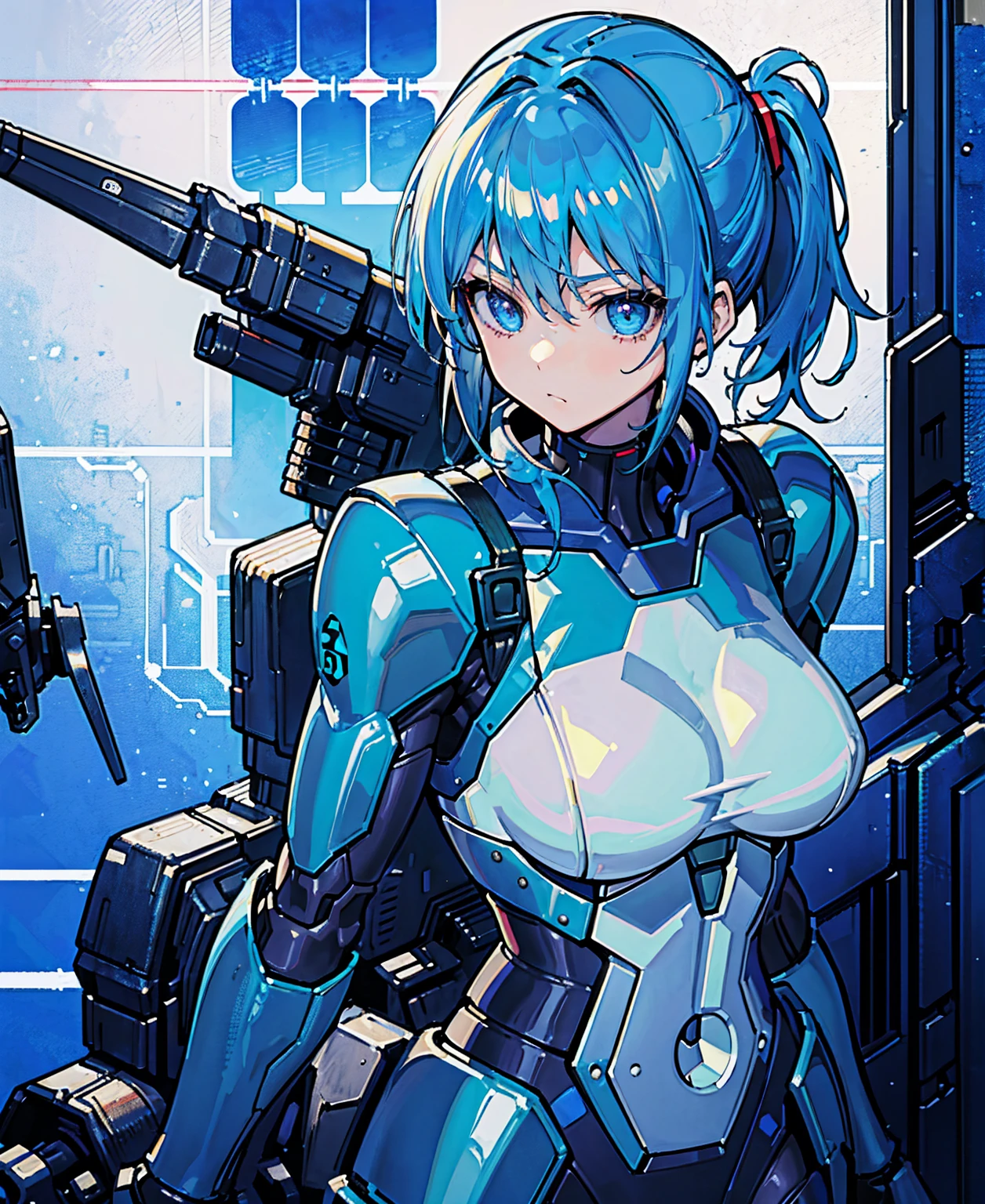 Katsuhiro Otomo, Masamune Shirow, Surreal, mysterious, strange, fantastical, fantasy, Sci-fi, Japanese anime, beautiful high school girl in a miniskirt assembling a combat robot, small factory, girl who loves machines, perfect voluminous body, huge tits big ass, provocative body, sexy erotic, hentai girl, mad scientist, hyper detailed masterpiece, mechanical, cable and tubes, super fine lines, Vibrant colours