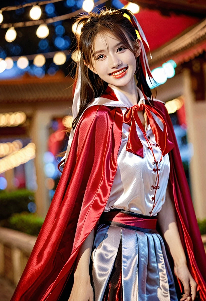 Vampyfangs1,(RAW photo) , 1girl, Chinese , cute, 20 years old, long hair in ponytail, smiling, look at viewer, ((((silver and red lined satin cape tied at the neck)))+++, side spilt skirt , photo, realistic, best quality, hires, detailed face, detailed background, diffused lighting, depth of field, bokeh