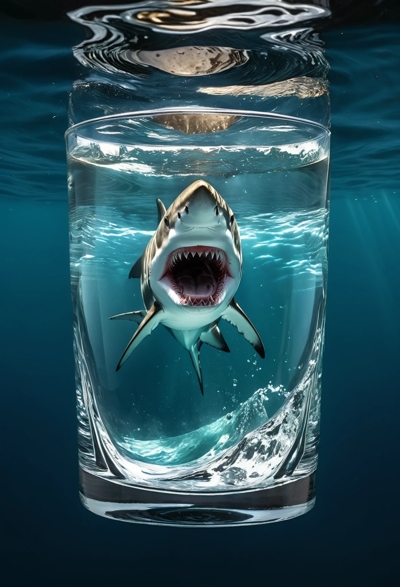 hand hold glass of water, shark in glass, realistic,photorealistic:1.37,clear glass,crystal clear water,rippling waves,reflection in glass,ferocious shark,sharp teeth,fierce eyes,ocean background,dynamic pose,high contrast,vivid colors,underwater lighting,ripples of water,oceanic atmosphere,meticulous details,ultimate realism,naturalistic texture,sublime composition,depth and dimension,astonishing clarity,translucent effect,awe-inspiring scene,splashing water,unleashing power,thrilling suspense,striking visual impact,hyper-realistic rendering,mesmerizing spectacle,masterpiece:1.2,perfect illusion,mind-blowing craftsmanship