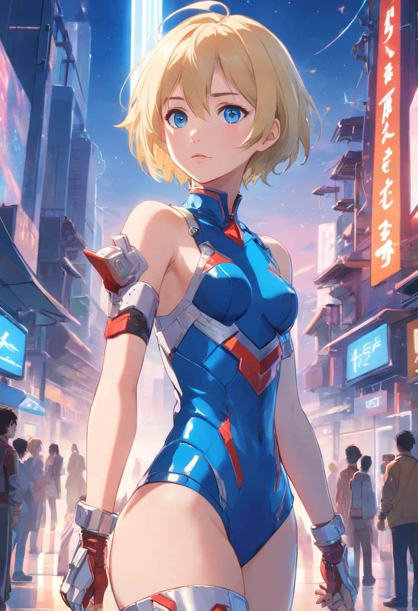Women, ((Blonde)), ((Blue eyes)), ((Short hair)), ((Full shot)), very detailed makeup, pale pink lipstick, long earrings, bare shoulders, She wears futuristic red and silver armor that covers her breasts, underwear, and shoulders, ((high-heeled boots)), and leaves ((her skin exposed on her waist, arms, and neckline)). She is in space port siting, ((full body))