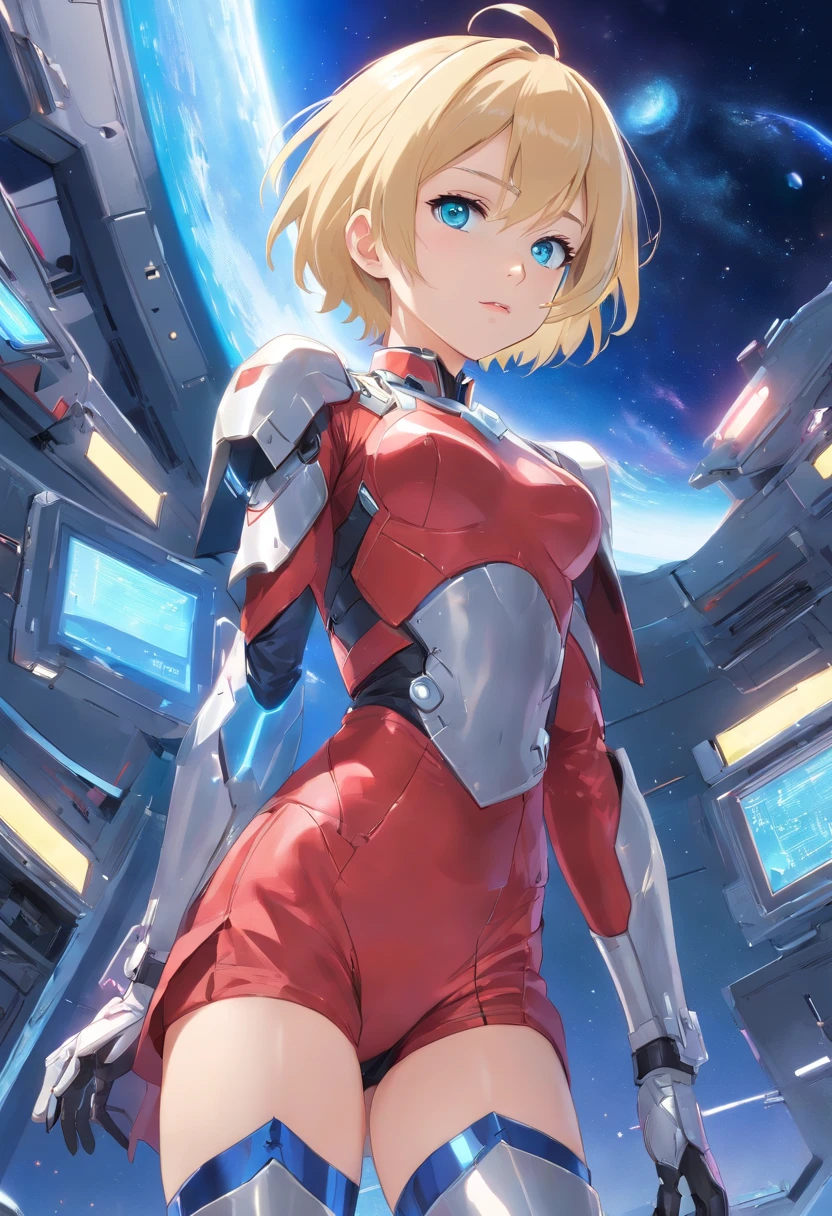 17 years old Women, ((Blonde)), ((Blue eyes)), ((Short hair)), ((Full shot)), very detailed makeup, pale pink lipstick, long earrings, bare shoulders, She wears futuristic red and silver armor that covers her breasts, underwear, and shoulders, ((high-heeled boots)), and leaves ((her skin exposed on her waist, arms, and neckline)). She is in space port siting, ((full body))