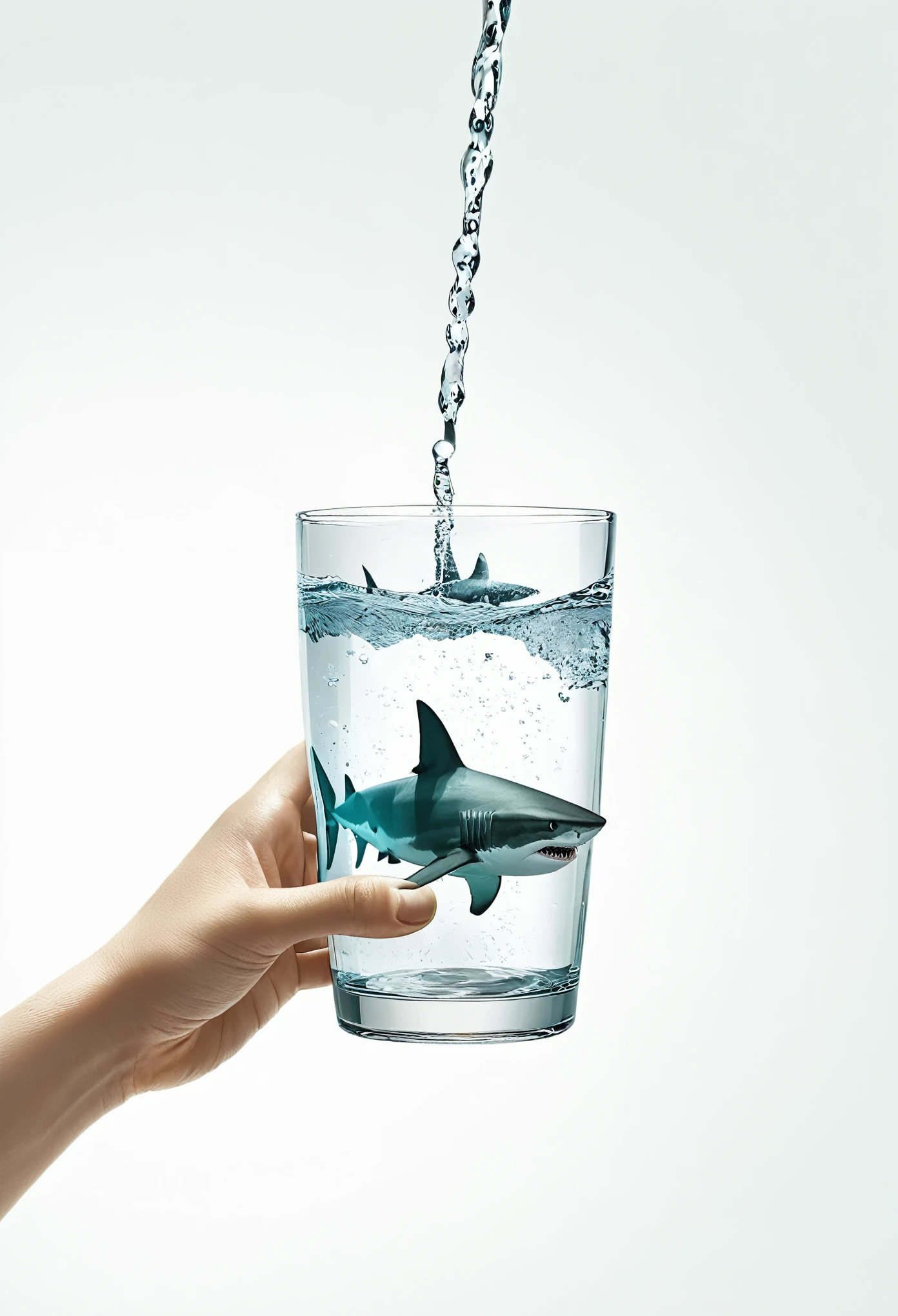 hand hold glass of water, shark in glass
