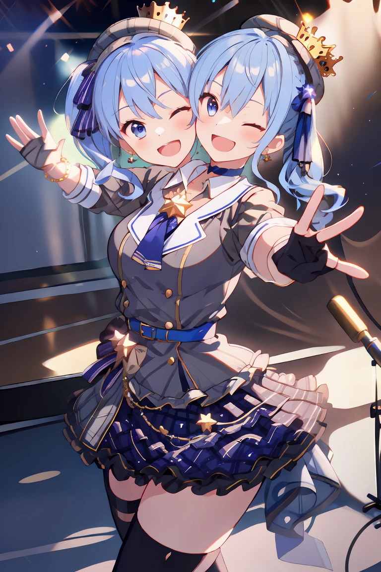 (masterpiece, best quality), best resolution, (2heads:1.5), dynamic angle, 1girl, HoshimachiSuisei, side ponytail, blue hair ribbon, SuiseiBase, plaid beret, crown, blue star choker, star earrings, blue ascot, plaid jacket, plaid skirt, layered skirt, partially fingerless gloves, star bracelet, uneven legwear, thigh strap, standing, waving hands, smile, open mouth, singing, look at viewer, happy, excited, open arms, dancing, jumping, one eye closed, concert stage, starfield, spotlight