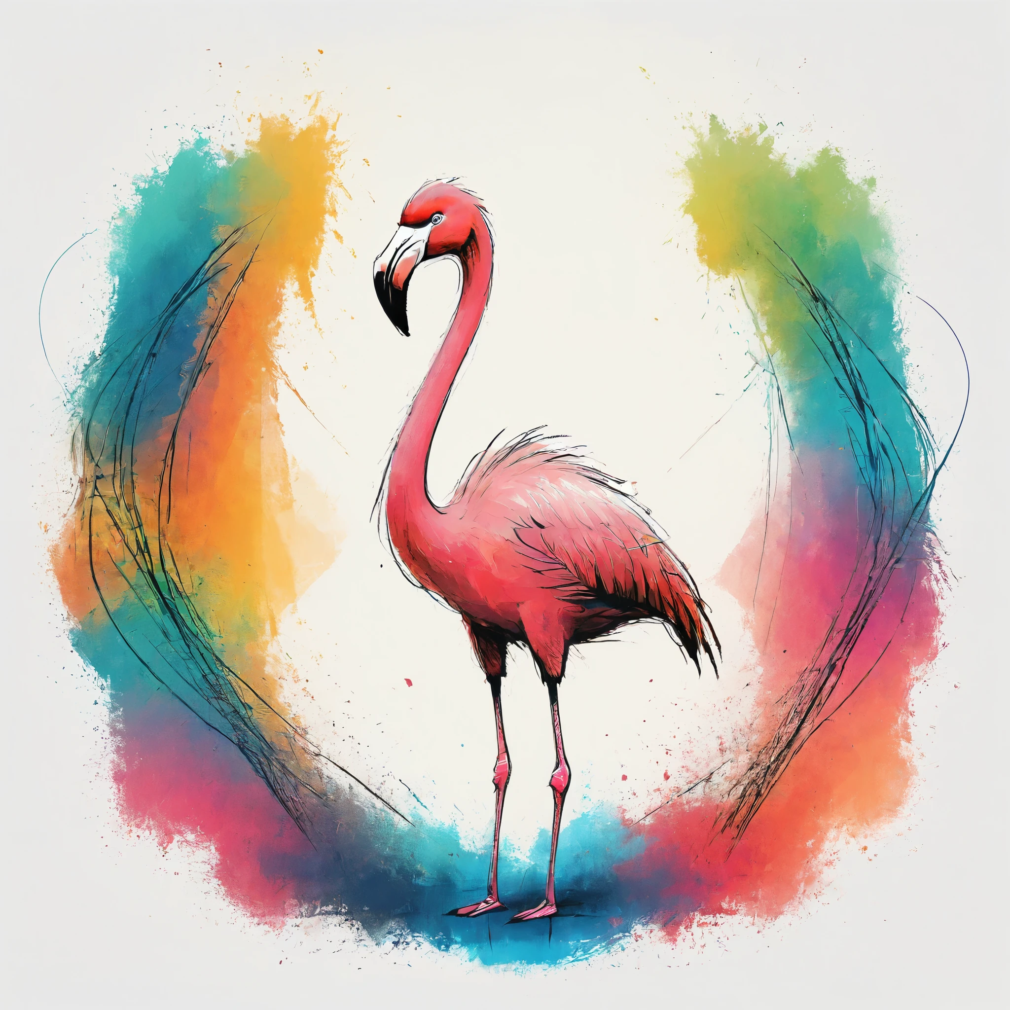 Vector Art, Colorful illustration with flamingo, In the center, Vibrant colors，Tropical rainforest background
