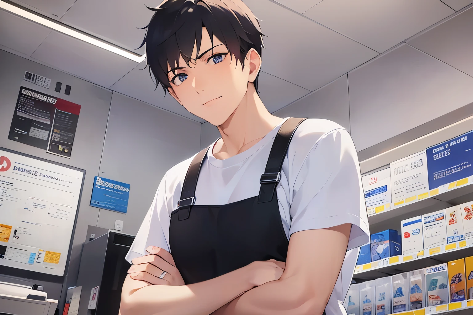 outstretched arm、Angle from below, upper body、masterpiece, top quality, (25 year old male: 1.5) and (short black hair) and (blue eyes), (White T-shirt:1.5) and (Black Apron)、standing, smile, The background is the interior of an electronics store., (alone: 1.5),
