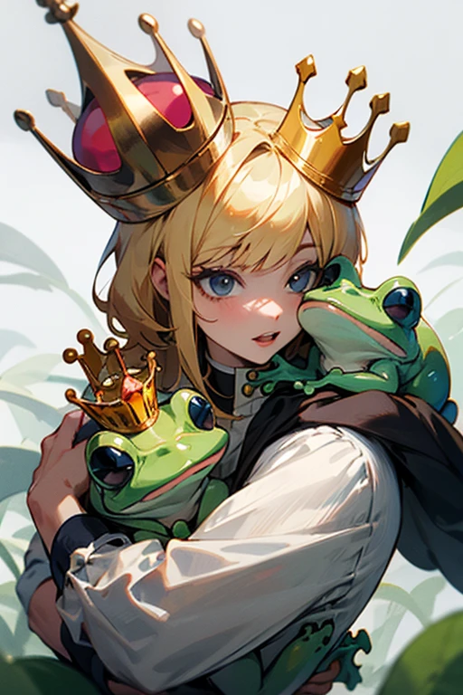 with blonde hair carrying frog with crown