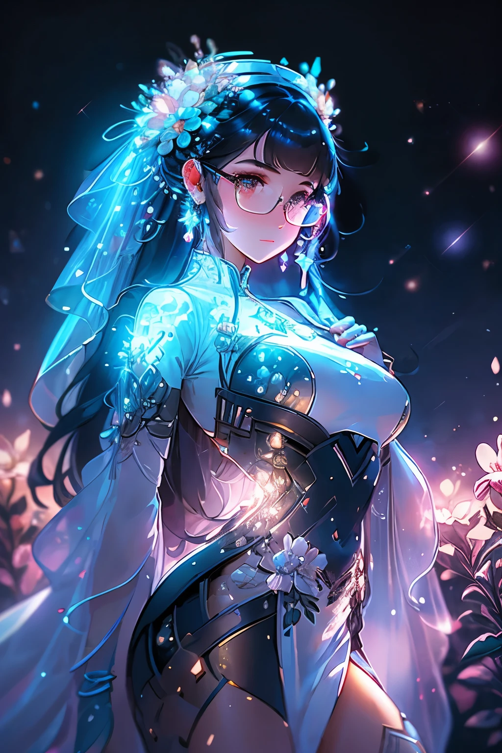 Close-up Shot, An Beautiful Girl Wearing a White Glasses, Standing on the Land, Night View, Stars Scattered Across the Night Sky, The Milky Way Glowing similar to a River of Lights, Colorful Flowers Blooming around Her, Headshot Close-up, Ultra High Definition (UHD), Pretty in Every Detail, Booru-worthy, Endowed with Large Breasts, Slim Waist, Capturing Her Stunning Beauty, Stars Twinkling Brighter in her Eyes, Soft Focus, and Lens Flare Enhancing the Mystique.