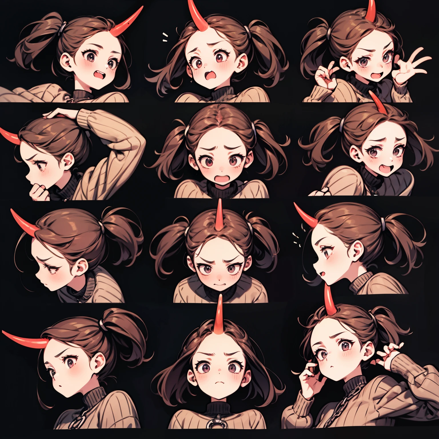 Cute big tits，Little Red Devil，Maverick Horn，Black punk leather jacket，Chain lock，Emoji Pack，9 Emojis，Emoji Sheet，Align the layout，Various postures and expressions（Sad，surprise，Have fun，Excited， touch your head，Selling Moe, hang on），Anthropomorphic style，Disney Style，Black Line，Various emotional postures and expressions，8k