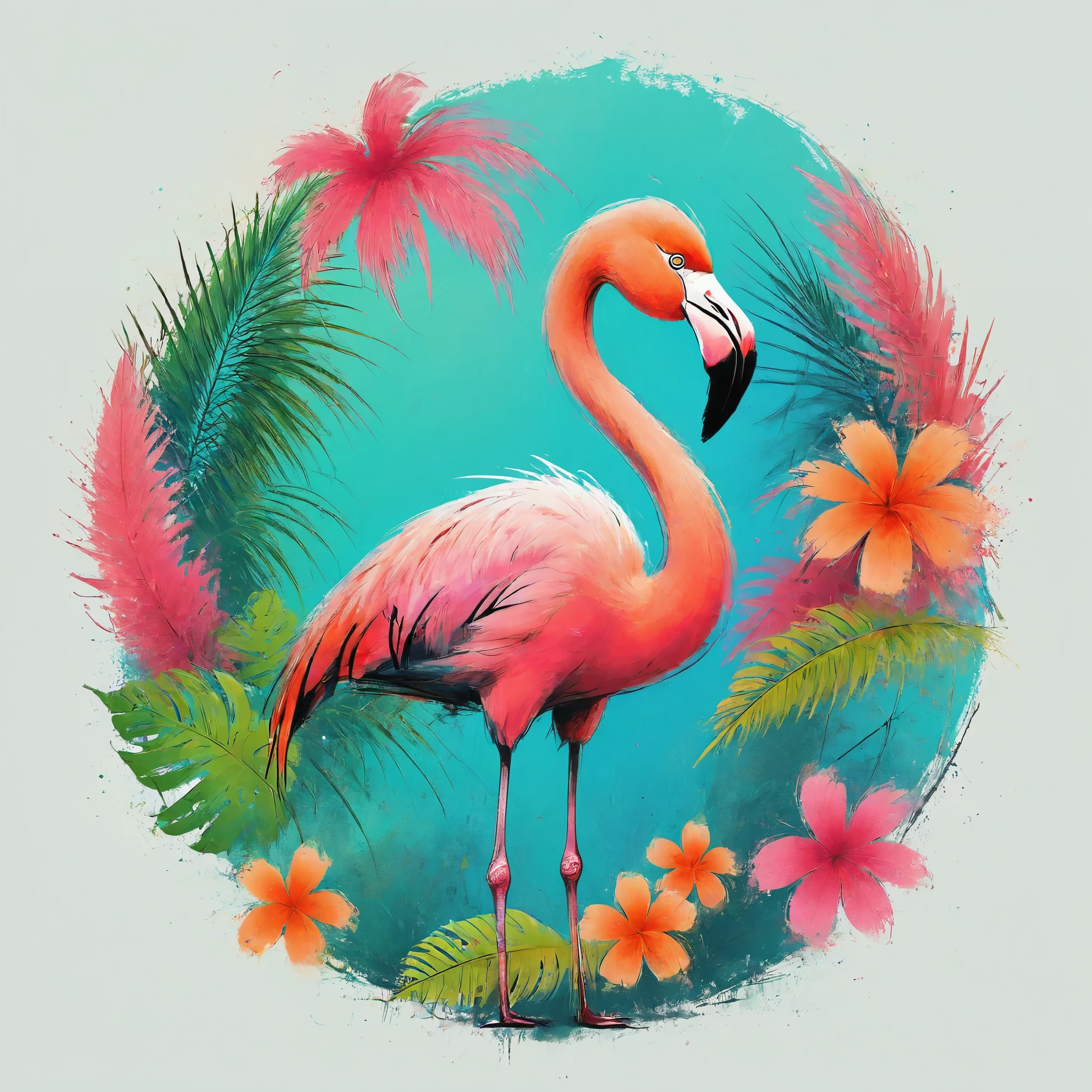 Vector Art, Colorful illustration with flamingo, In the center, Vibrant colors，Tropical rainforest background
