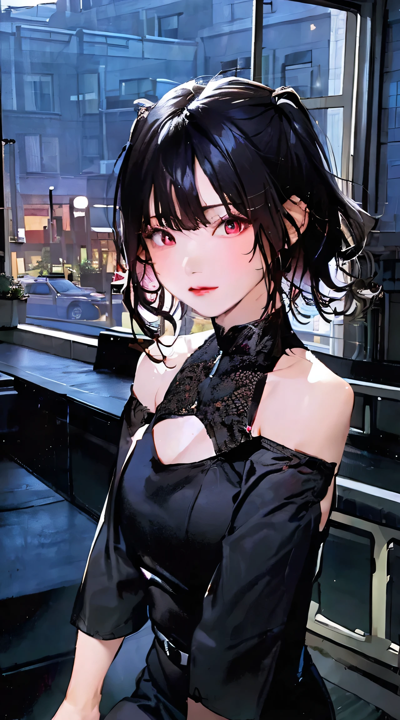 (())((female))((long black hair))( ((dark red eyes)))((off-the-shoulder dress)))(((background: city at dusk))), black pantyhose