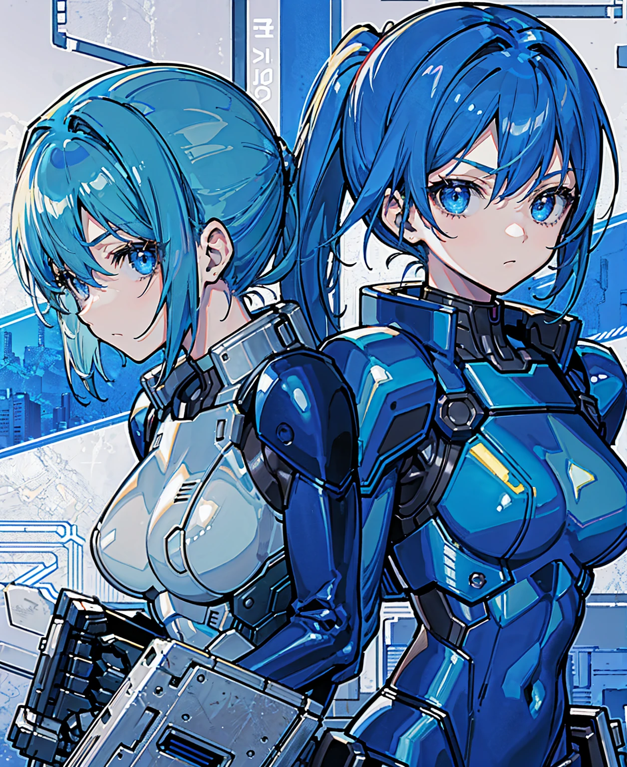 Blue Hair、Masterpiece、Best Quality、1 girl、Medium breast、((Album cover))、Light on Face、Slim Body、Blue Costume、Exoskeleton、metal Gear、Cyberpunk Style、ponytail、The Gundam pilot、attention arousal,Ride a fighter