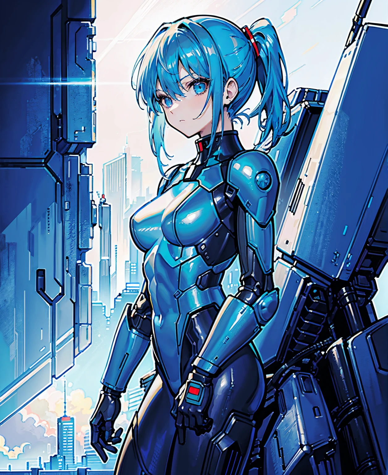 Blue Hair、Masterpiece、Best Quality、1 girl、Medium 、((Album cover))、Light on Face、Slim Body、Blue Costume、Exoskeleton、metal Gear、Cyberpunk Style、ponytail、The Gundam pilot、attention arousal,Ride a fighter