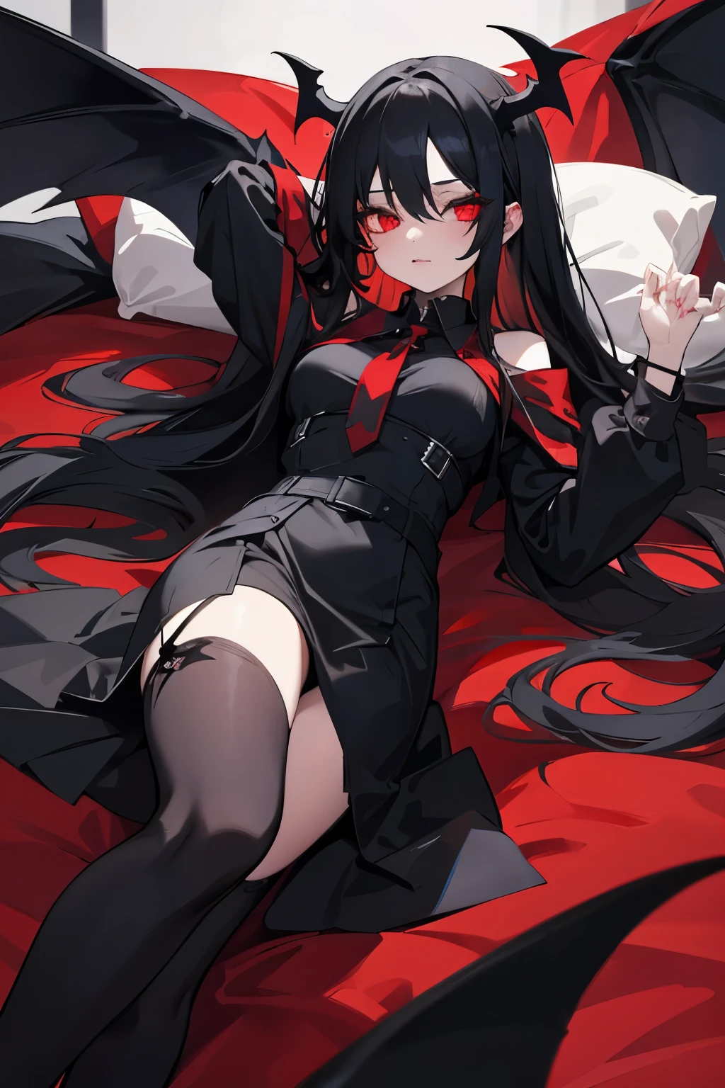 One girl,She has long black hair and red eyes.,Wearing black stockings and a black skir a vampire,Lying on the devil's bed