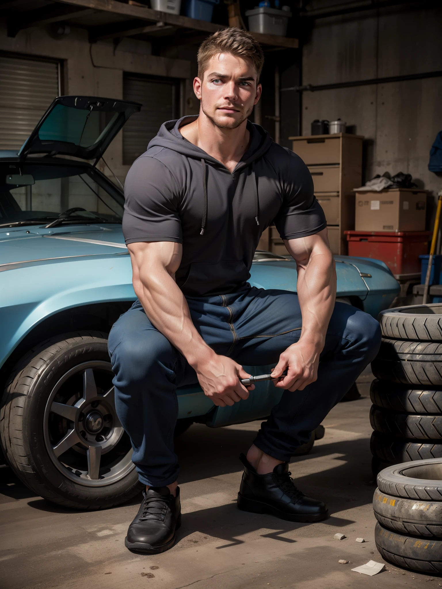 masterpiece, best quality, face, natural eyes, 1man, young man, boy, muscled and mature, stephen amell as a car mechanic wearing unbuttonnedoverall, mechanic, sweating, tight cloth,, full body , background opened hood car , pit , tools , tyres .....