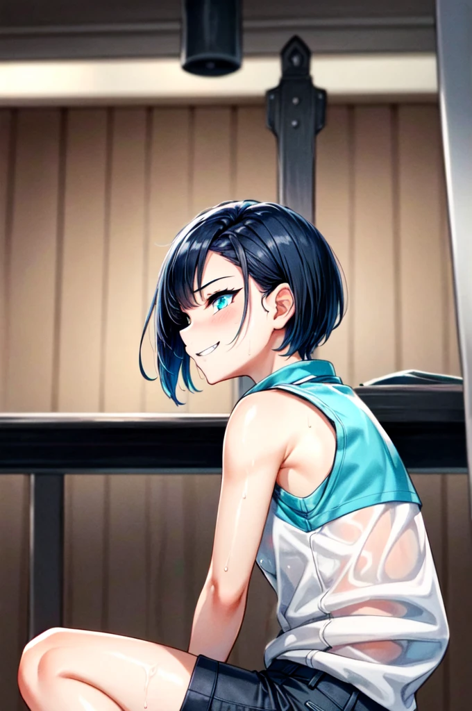 masterpiece, best quality, cowboy shot, view from side, 1girl, looking at side, cyan eyes, cool beauty, very short hairstyle, dark blue hair, sharp eyes, mature face, slim body, really short pants, sleeveless clothes, wet clothes, wet, excited face, excited smirk, tomboy, wild appearance, wild style, sitting down, cross legged, playing games