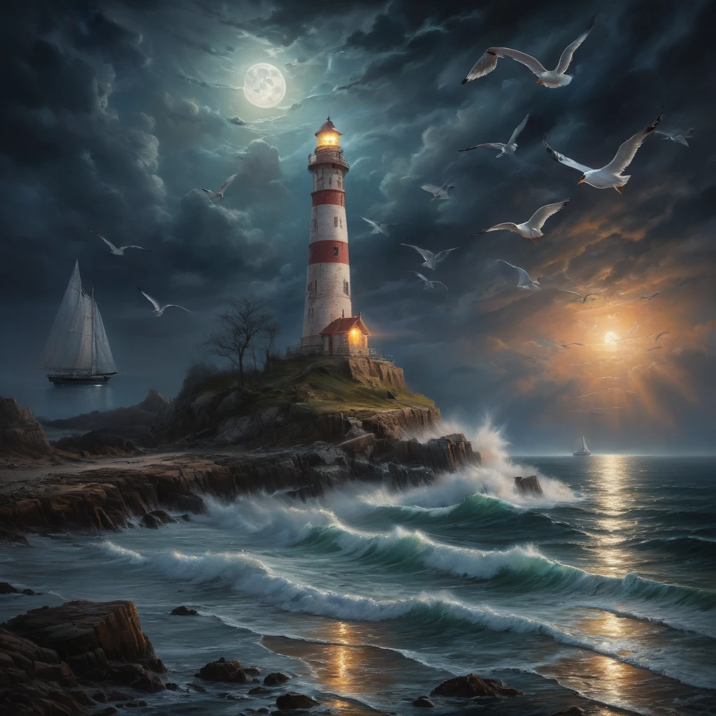 phare,high quality,masterpiece:1.2,8k,representative work,official art,professional,ultra complex details,portrait,night scene,Jason Edmiston,artist's signature,meticulous brushwork,realistic lighting,moody atmosphere,vivid colors,impressive scale,sharp focus,dramatic contrast,maritime theme,colorful sky,stormy weather,long exposure photography,historical monument,coastline,lighthouse beams,powerful symbolism,sailboats,seagulls,reflection on water,mystical vibe,awe-inspiring view,moonlit glow,serene ambiance
