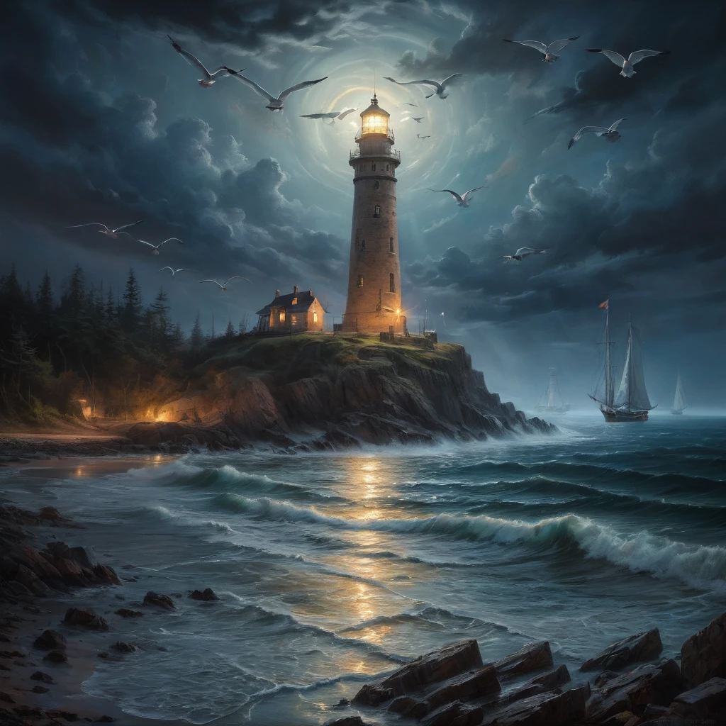 phare,high quality,masterpiece:1.2,8k,representative work,official art,professional,ultra complex details,portrait,night scene,Jason Edmiston,artist's signature,meticulous brushwork,realistic lighting,moody atmosphere,vivid colors,impressive scale,sharp focus,dramatic contrast,maritime theme,colorful sky,stormy weather,long exposure photography,historical monument,coastline,lighthouse beams,powerful symbolism,sailboats,seagulls,reflection on water,mystical vibe,awe-inspiring view,moonlit glow,serene ambiance