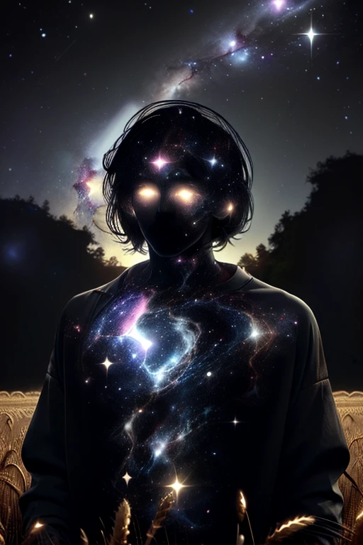 anime man with short hair and a suit made of stars, god of galaxies, galactic deity, strange portrait with galaxy, portrait of a cosmic entity, god of space and time, in a galaxy, anime art nouveau cosmic display, galactic sized god, galaxy + baroque, glowing black aura, astral appearance, standing in a field of wheat, god in an astral plane