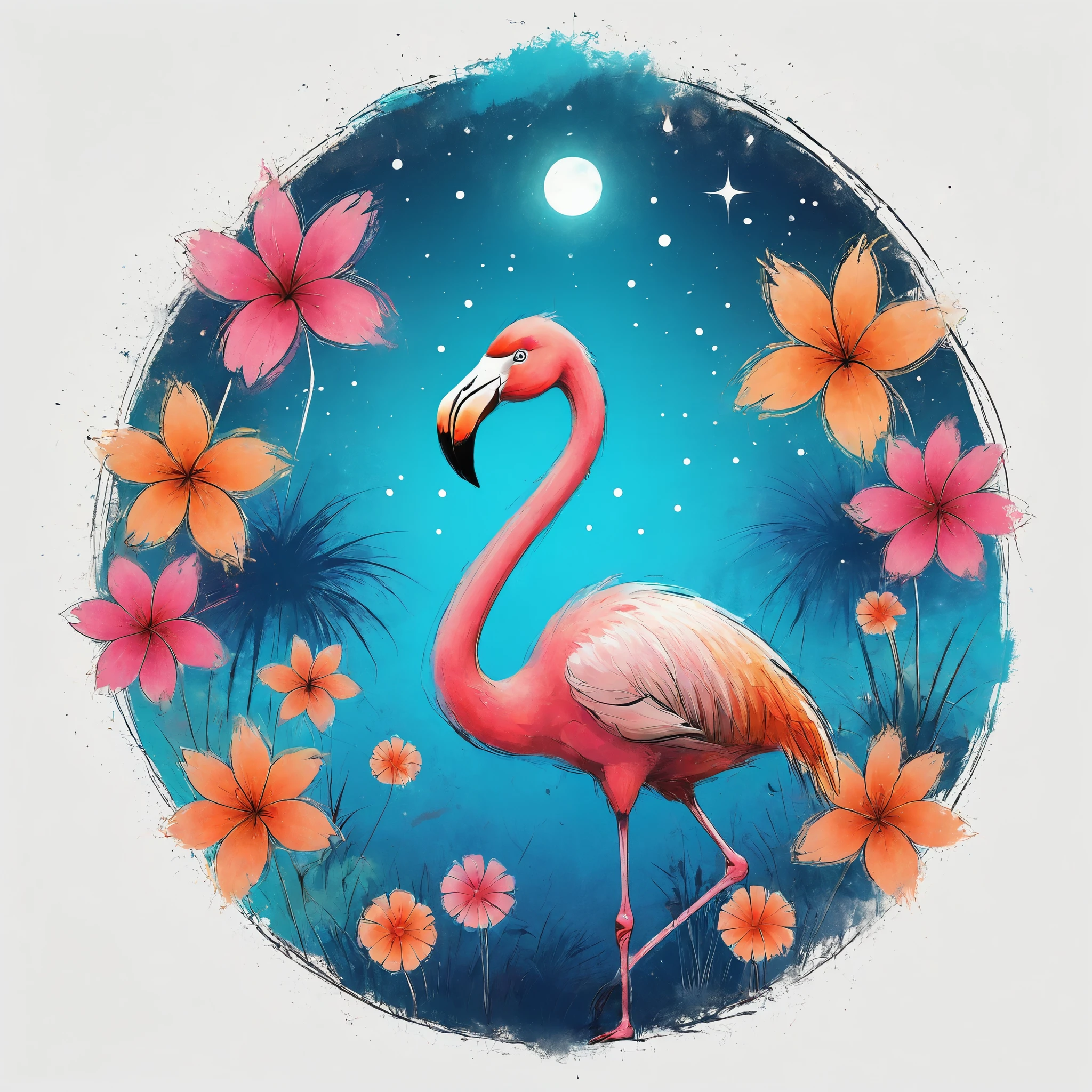 Vector Art, Colorful illustration with flamingo and flowers, In the center, Vibrant colors，Tropical rainforest starry sky background
