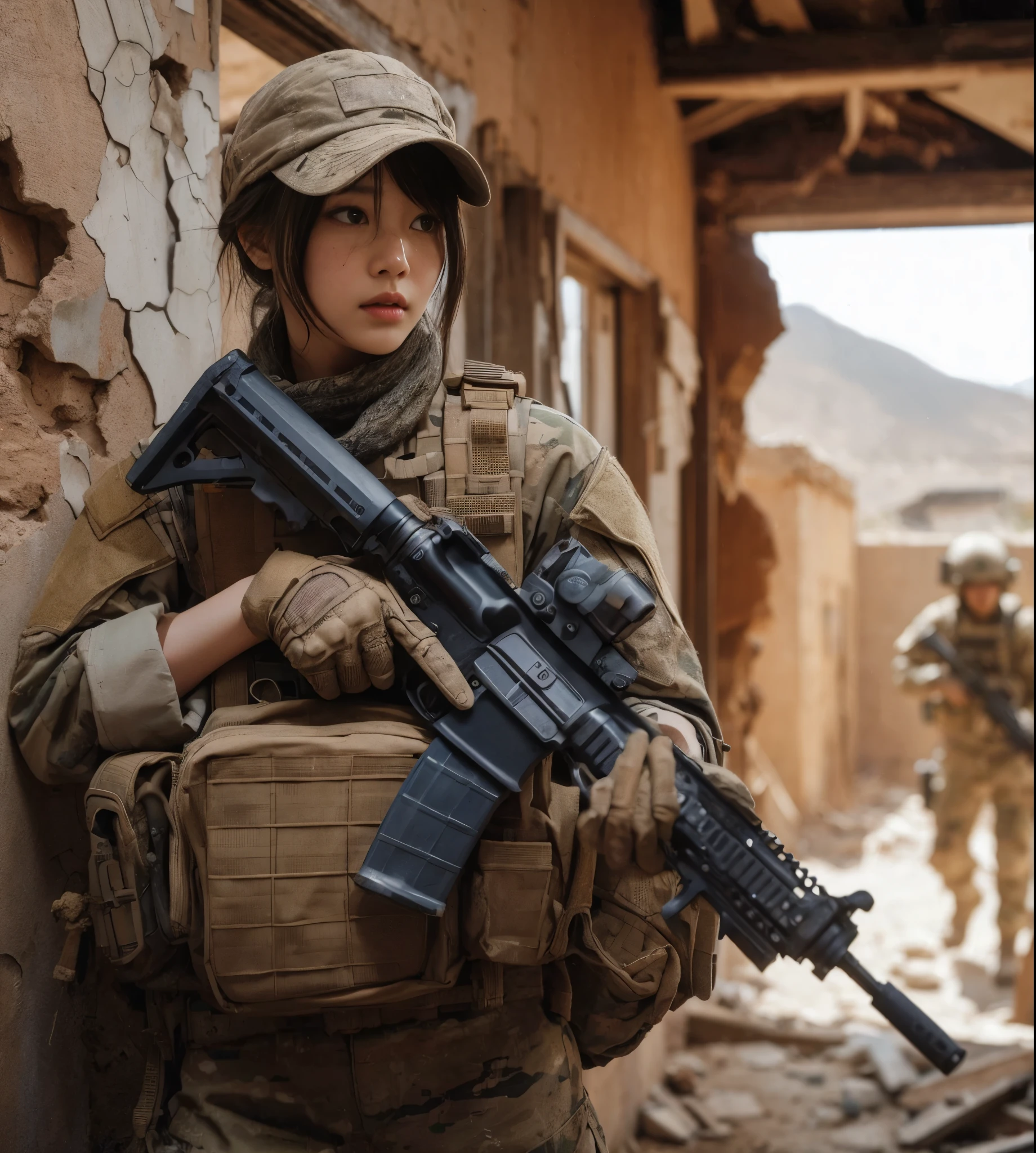 8K, realistic photo, realistic skin texture, Japanese women in the U.S. Army、、Abandoned settlement in the desert、In a room in a small, crumbling, abandoned building、The roof of the building is gone There is only a wall.、Respond to gunfire、Sand is piled up、Intense gunfight、Fighting back with automatic rifles、Bulletproof vest、cap、Afghan Stole、backpack、boots、Vigilance、The background is out of focus、fiction、Dynamic pose、Flying wall fragments、Innovative composition、Gritting your teeth、Desperate Counterattack