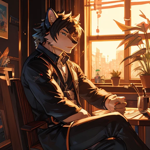 anthro furry male, Australian shepherd,wearing white panties, cafe hotel, window view, serving coffee, green and red apron, by Zackary911, by Wizzkit, by anixs, detailed male body, high quality, anatomically correct, detailed face, fluffy hair, detailed background, masterpiece, 4k hd, cg, cafe and rest, ((night)), moonlight through window, solo, sexy, pubic hair, crotch bulge, embarrassed face,