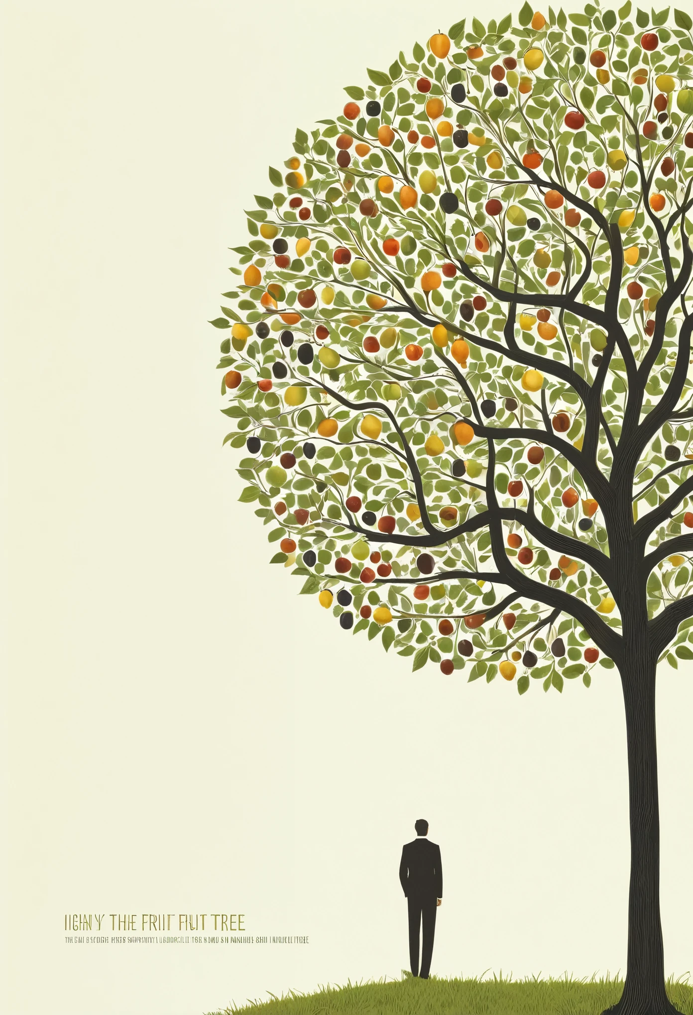 (best quality,highres:1.2),minimalistic clean book cover,Futura typography,"The Point of the Fruit of the Spirit",bearded man,revelation and puzzlement,fruit tree,confused expression,natural background,subtle colors,elegant composition,detailed illustration,well-defined lines,artistic simplicity,concise concept,meticulous attention to detail,creative design,vibrant typography,eye-catching cover,thought-provoking visual,narrative atmosphere,focal point on the man and the fruit tree,subtle symbolism,clear message,thoughtful aesthetics,sublime simplicity,highly legible font,visual balance and harmony,distinctive style,striking contrast,prominent subject,expressive artwork,engaging visual story,beautifully rendered,artistic quality,unique blend of realism and abstraction,seamless integration of text and image,visually appealing,professional book cover.
