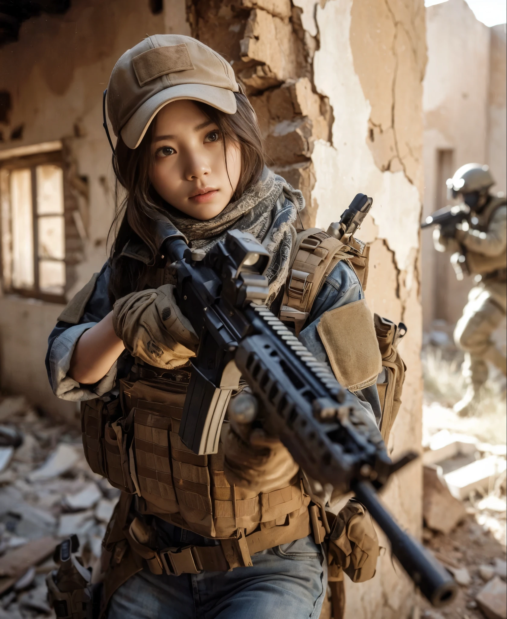 8K, realistic photo, realistic skin texture, Japanese women in the U.S. Army、、Abandoned settlement in the desert、In a room in a small, crumbling, abandoned building、The roof of the building is gone　There is only a wall.、Respond to gunfire、Sand is piled up、Intense gunfight、Fighting back with automatic rifles、Bulletproof vest、cap、Afghan Stole、backpack、boots、Vigilance、The background is out of focus、fiction、Dynamic pose、Flying wall fragments、Innovative composition、Gritting your teeth、Desperate Counterattack