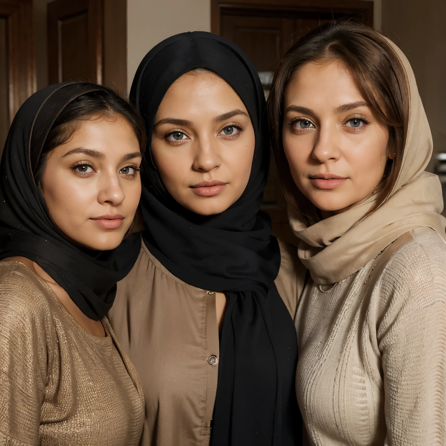 A hijabi girl with blue eyes and one mid age women with blonde hair and hazel eyes a bit oversize and one medium size women age 54 brown eyes and one girl with black hair long one and hazel eyes age 25 and one light brown hair with some blond in it with brown eyes age 22 and one man age 60 black hair but slightly 