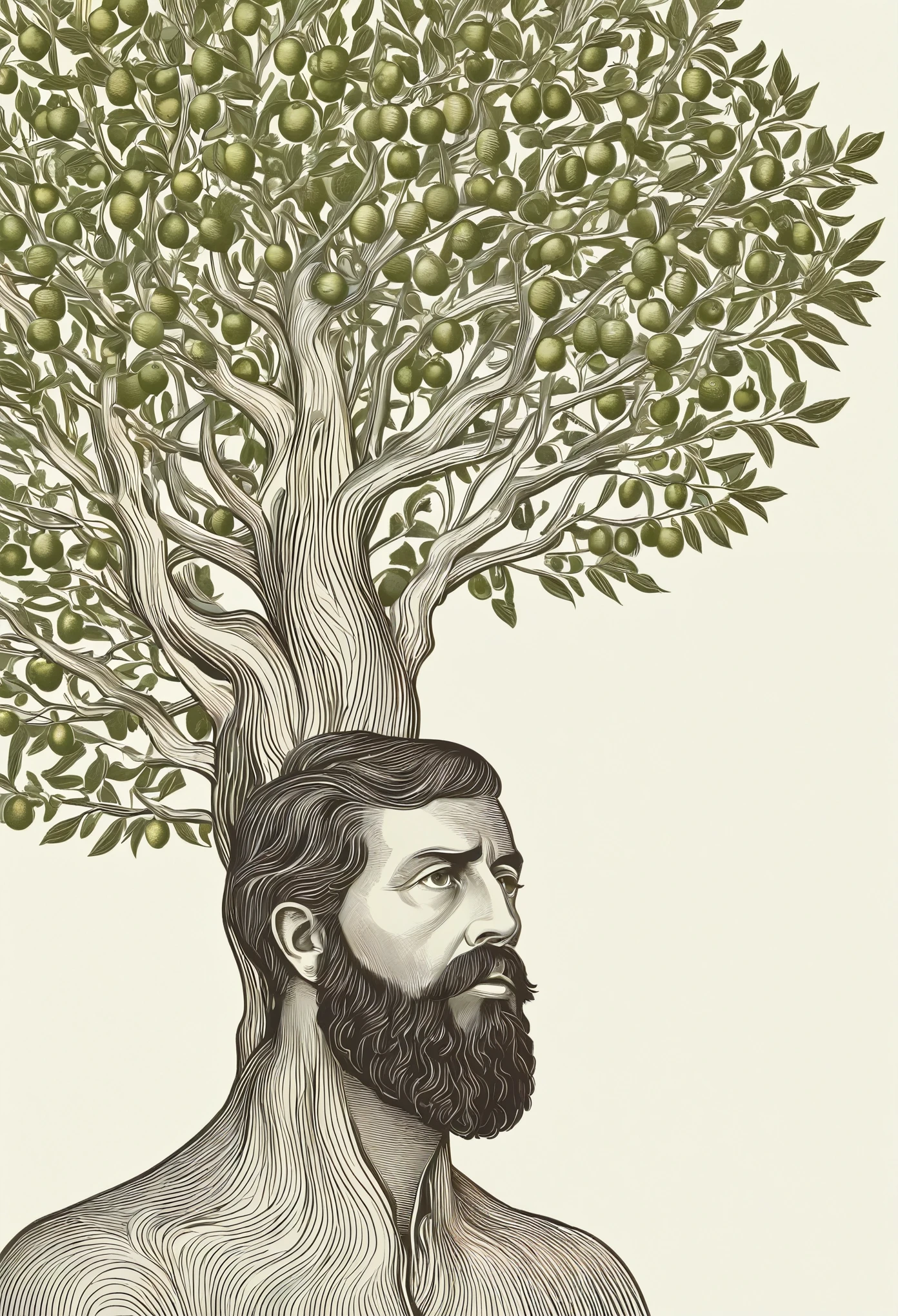 (best quality,highres:1.2),minimalistic clean book cover,Futura typography,"The Point of the Fruit of the Spirit",bearded man,revelation and puzzlement,fruit tree,confused expression,natural background,subtle colors,elegant composition,detailed illustration,well-defined lines,artistic simplicity,concise concept,meticulous attention to detail,creative design,vibrant typography,eye-catching cover,thought-provoking visual,narrative atmosphere,focal point on the man and the fruit tree,subtle symbolism,clear message,thoughtful aesthetics,sublime simplicity,highly legible font,visual balance and harmony,distinctive style,striking contrast,prominent subject,expressive artwork,engaging visual story,beautifully rendered,artistic quality,unique blend of realism and abstraction,seamless integration of text and image,visually appealing,professional book cover.