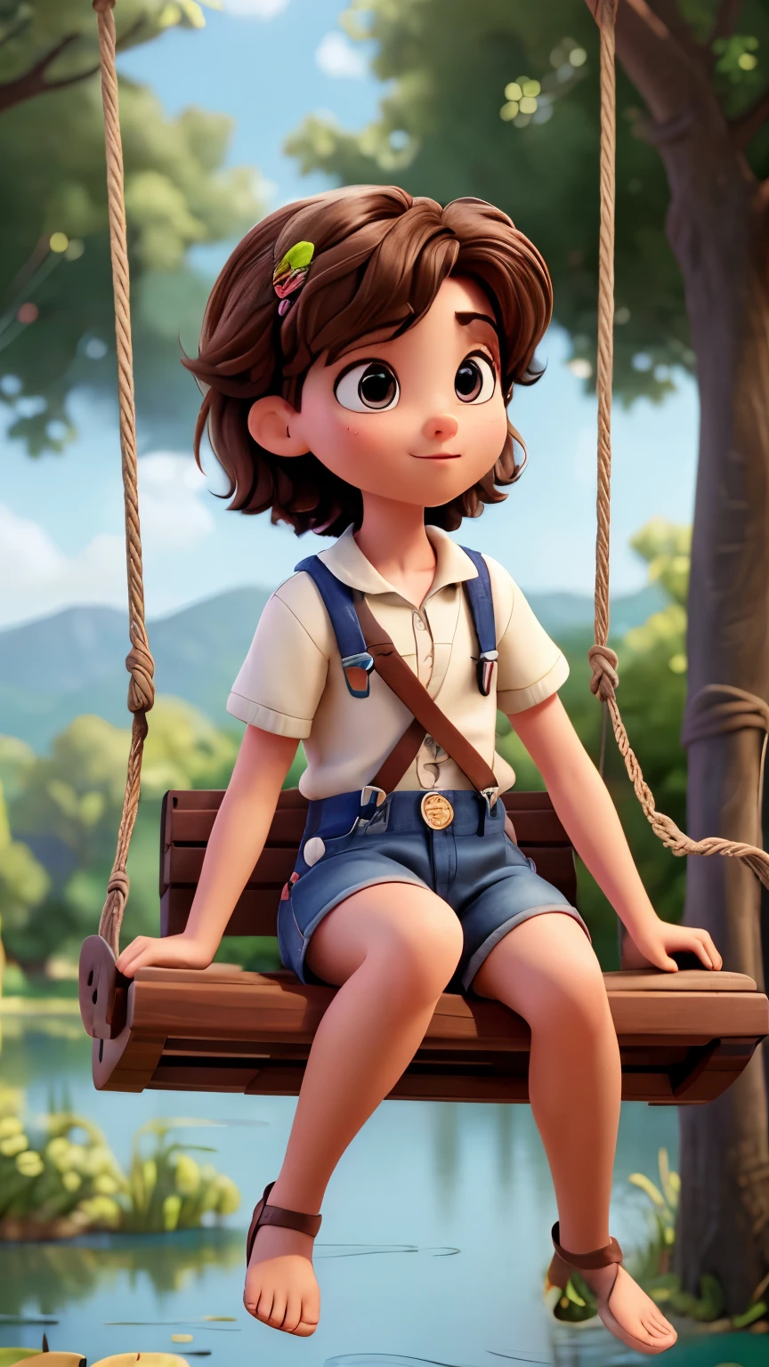 movie picture quality，Disney animation style，A boy and a girl lovers seating on the swing which hanged on a big tree at a middle of a pond，short detailed hair，Denim suspenders，The barefoot，depth of fields，high light，Real light，Ray traching，oc rendered，Hyper-realistic，best qualtiy，8K，Works of masters，super-fine，Detailed pubic hair，Correct anatomy，sharp focus on eyes，Bokeh，Facial features are carefully depicted
