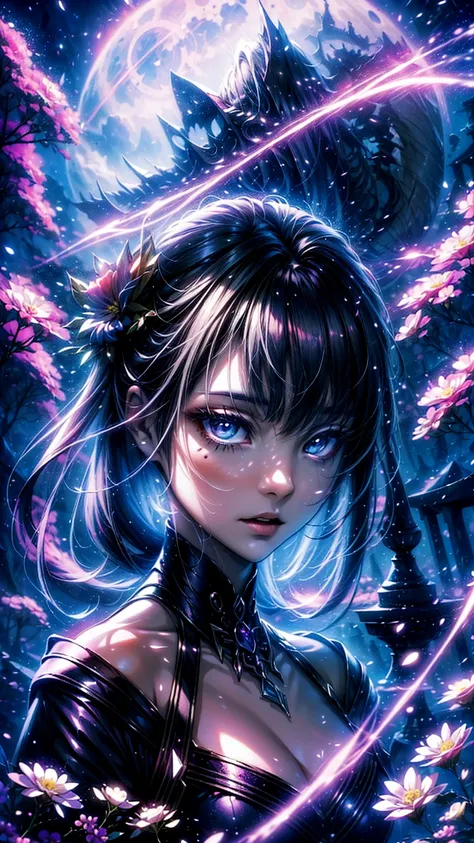 "((fantasy art)) featuring an alien girl, immersed in a heavenly symphony, clouds turn into bright splashes, flowers are scatter...