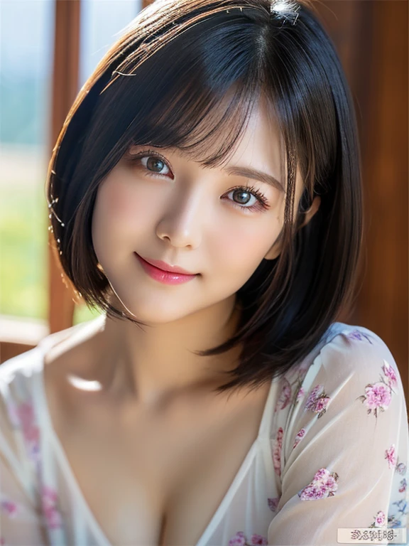 ((Upper Body))、(highest quality:1.5)、(Realistic:1.5)、(1 person:1.5)、(Very detailed)、(High resolution)、8k、((Floral camisole))、Slightly small breasts、Natural color lips、Cute Smile、20-year-old girl、(Beautiful and elaborate face)、(Perfect and beautiful face)、(Big eyes)、(Beautiful and elaborate face)、(Beautiful, balanced eyes)、Perfect and beautiful double eyelids、Perfect and beautiful face、Arched eyebrows、 Thin eyebrows、Feminine poses、Slim face、Slim figure、Beautiful and thin nose、 Beautiful Skin、(Medium Bob Hair)、Natural Bangs、Fair skin、Front lighting、(Lighting the face)、(Beautiful cleavage)、Deep blue eyes、Slim waistline、