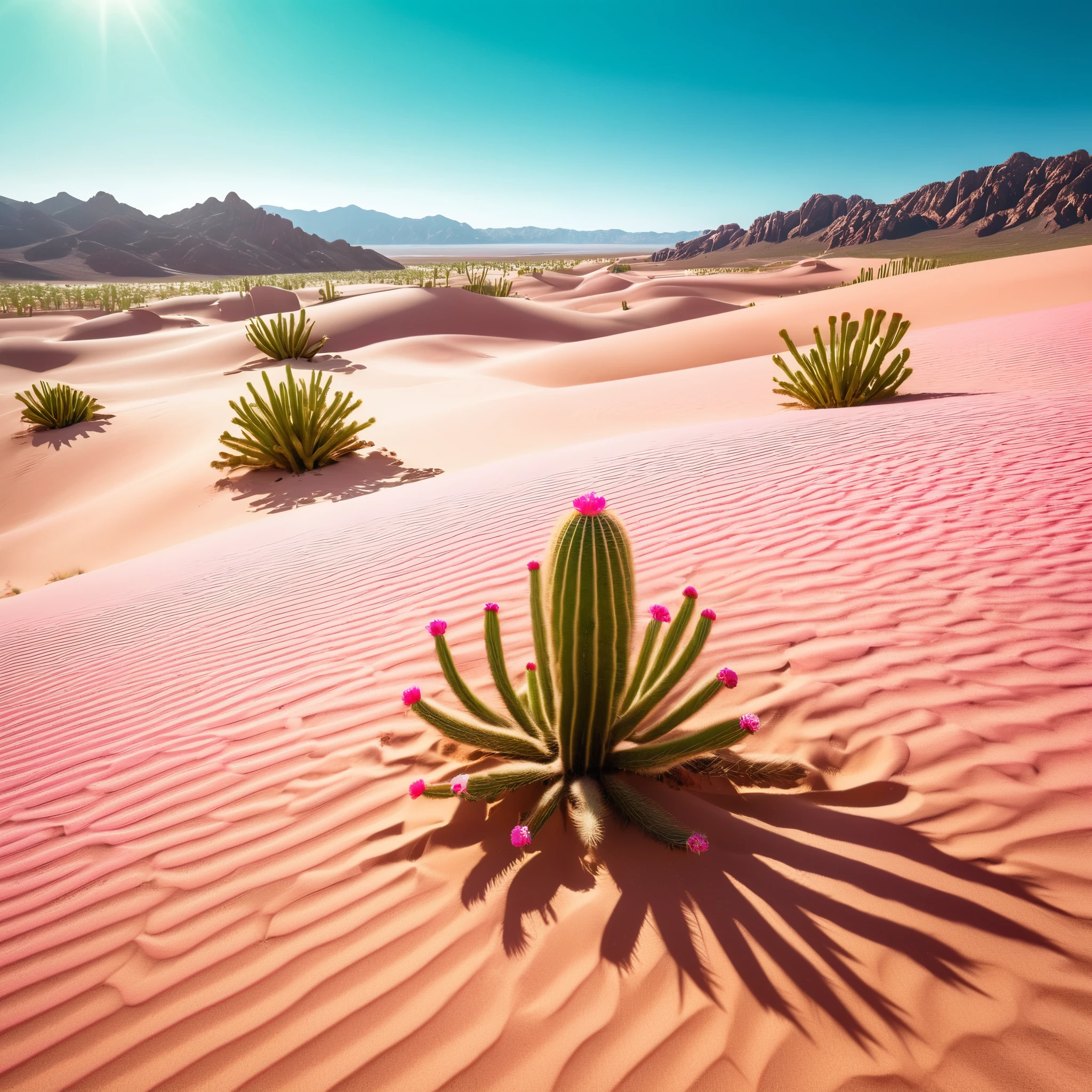 (pink desert,green inflatable giant cactus,pink trees,detailed sand and rocks,glistening sand dunes,infinite horizon line,warm sunny day,gentle breeze,ultra-detailed,realistic,vivid colors,sharp focus,physically-based rendering,portraits,landscape)
