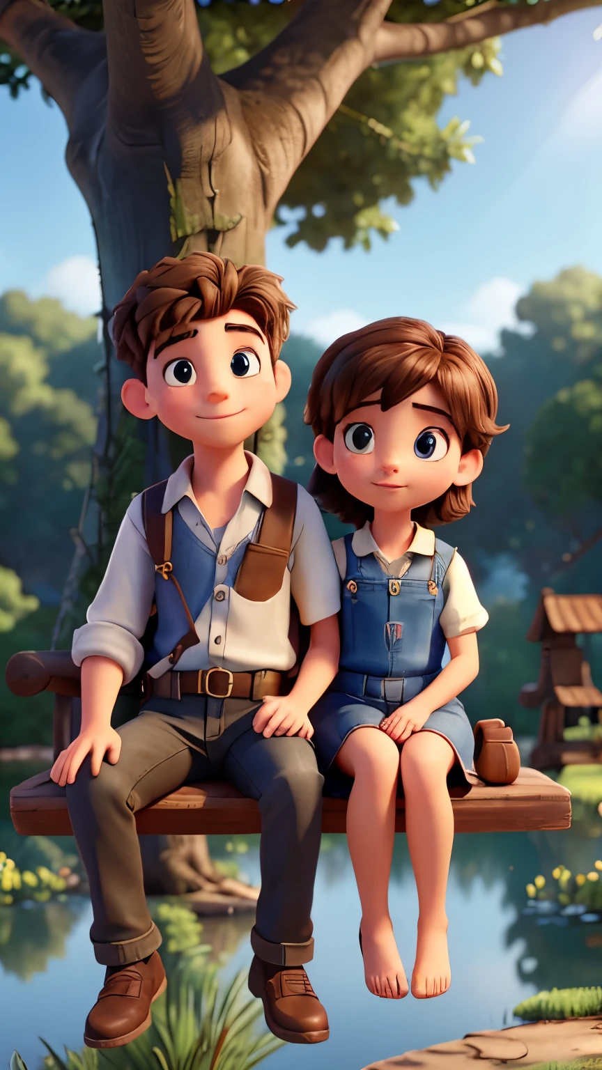 movie picture quality,Disney animation style,A boy and a girl lovers seating on the swing which hanged on a big tree at a middle of a pond,short detailed hair,Denim suspenders,The barefoot,depth of fields,high light,Real light,Ray traching,oc rendered,Hyper-realistic,best qualtiy,8K,Works of masters,super-fine,Detailed pubic hair,Correct anatomy,sharp focus on eyes,Bokeh,Facial features are carefully depicted