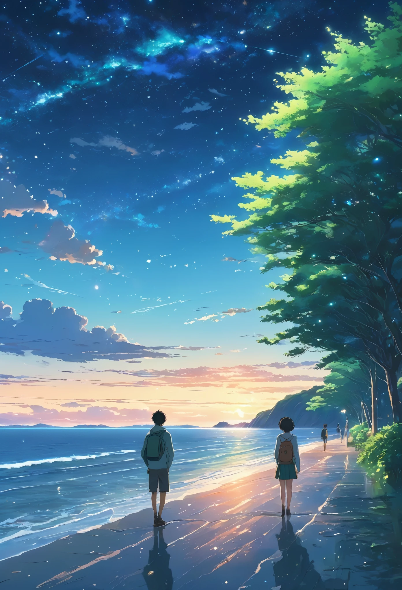 comic strip，Cartoon Split，Exceptional，Storyboard，Masterpiece, Anime college student standing by the sea, Bright starry sky. romantic couple, Makoto Shinkai's picture, Pisif, concept-art, Lofi art style, Reflection. By Makoto Shinkai, Lofi art, beautiful anime scenes, Anime landscape, Detailed scenery —width 672, in the style of makoto shinkai, Makoto Shinkai's style, Enhanced detail.