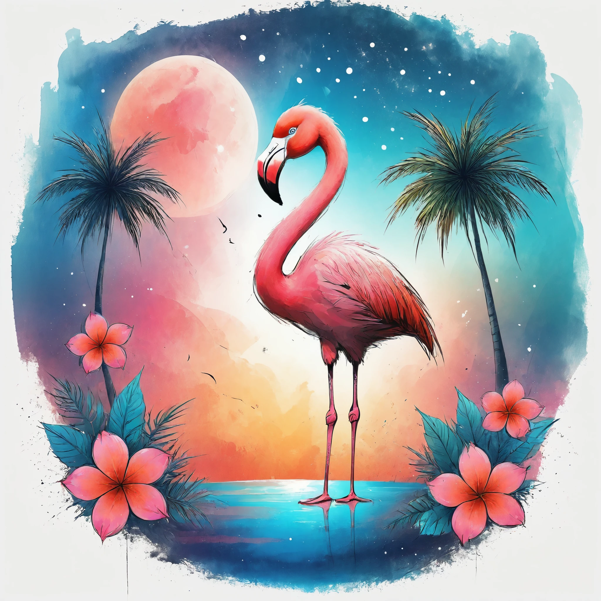 Vector Art, Colorful illustration with flamingo and flowers, In the center, Vibrant colors，Tropical rainforest starry sky background
