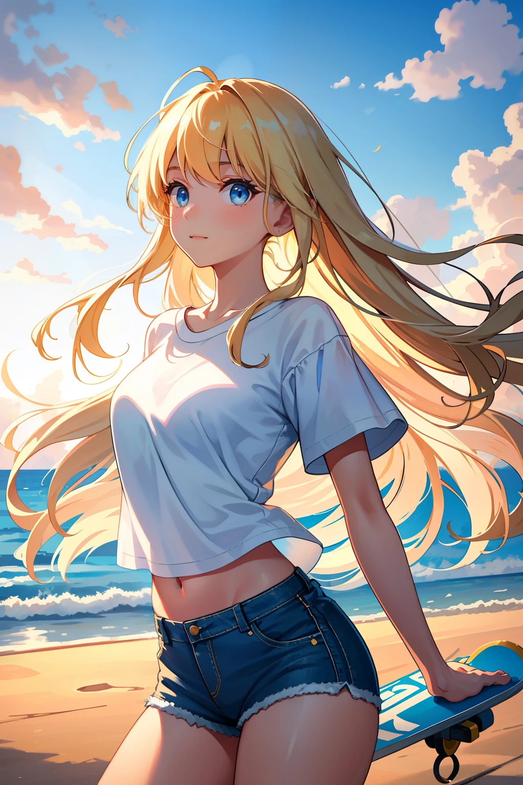 A stunningly beautiful girl, with long white-blonde hair cascading down her back, glides effortlessly on a skateboard in the open air. The sun casts warm golden rays upon her fair complexion, and her bright blue eyes sparkle with joy and determination. She wears a fitted t-shirt and denim shorts, revealing a toned midriff. Behind her, a clear blue sky stretches out, adorned with fluffy white clouds, as a gentle breeze tousles her hair. The setting sun casts a warm glow upon her, adding to the magical atmosphere of the scene. This beautiful moment, immortalized in the highest quality, encapsulates the spirit of adventure