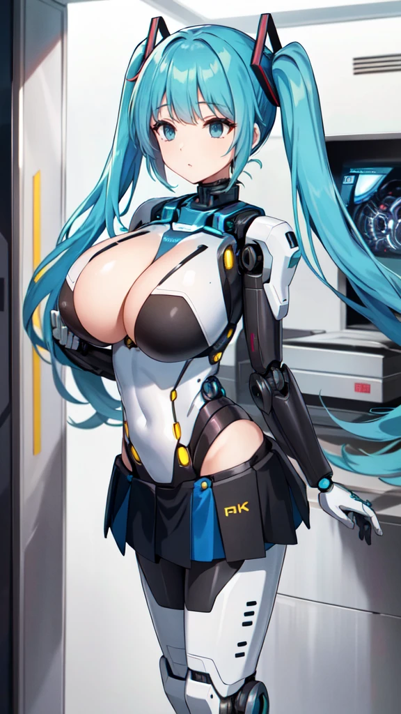 masterpiece, best quality, extremely detailed, 8k portrait, well-toned body,Japaese android Girl, Ultimate physical beauty, huge breasts , announcer,control panels,Robot arms and legs, hatune miku VOCALOID, twin tails, light blue eyes, light blue hair,Mechanical body,Blunt bangs,perfect mechanical abdomen,White robotics parts,perfect robot woman,cyberpank costume,She is powered by electricity,future laboratory,perfect plastic body,perfect mechanical body,black sponge joints,The removable cover is on the groin,The connection port is on the groin,opened chest panel,access panel on the chest,opened breast panel,perfect mechanical breast,machine body,white robot body,ceramic breast,perfect plastic breast,She has been assembled by robotarm,assembly plant,miniskirt,pleated skirt,boots,perfect future costume,perfect mechanical bodycover,separate booth,She has storaged in the booth,costume with aqua accents,