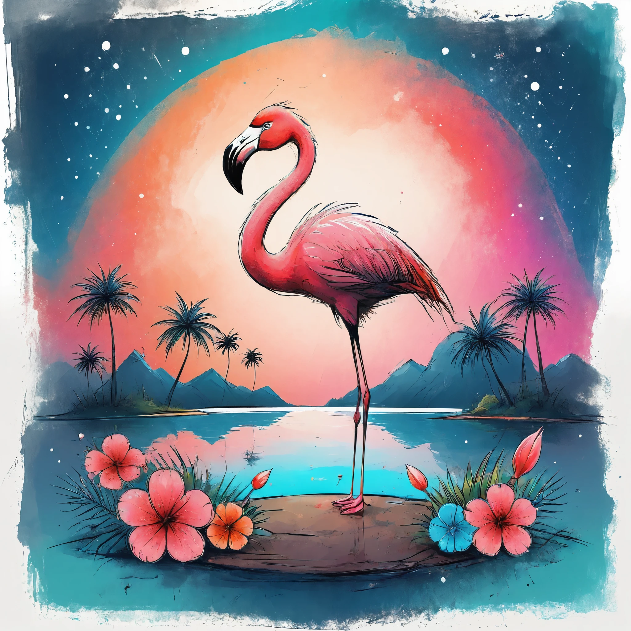 Vector Art, Colorful illustration with flamingo and flowers, In the center, Vibrant colors，Tropical rainforest starry sky background
